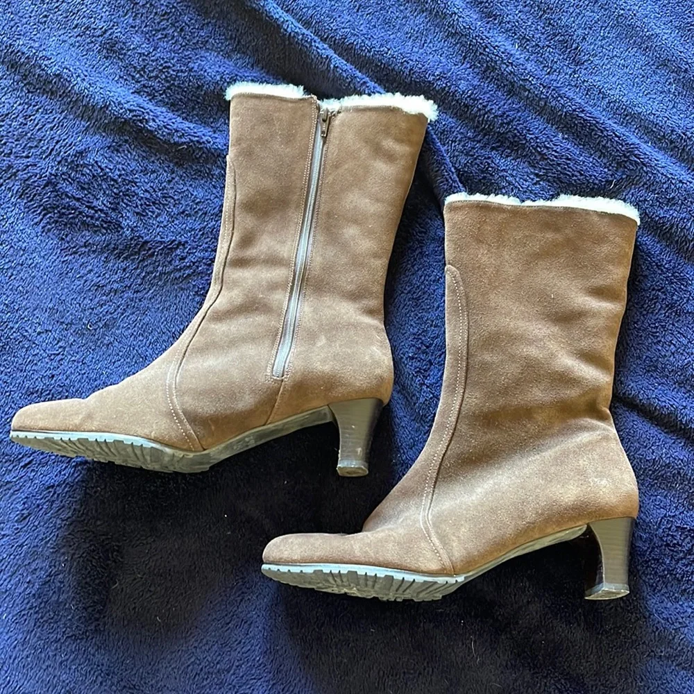 COLE HAAN BROWN MID-CALF HEELED BOOTS SHERPA LINED WITH ZIPPERS SIZE 9.5